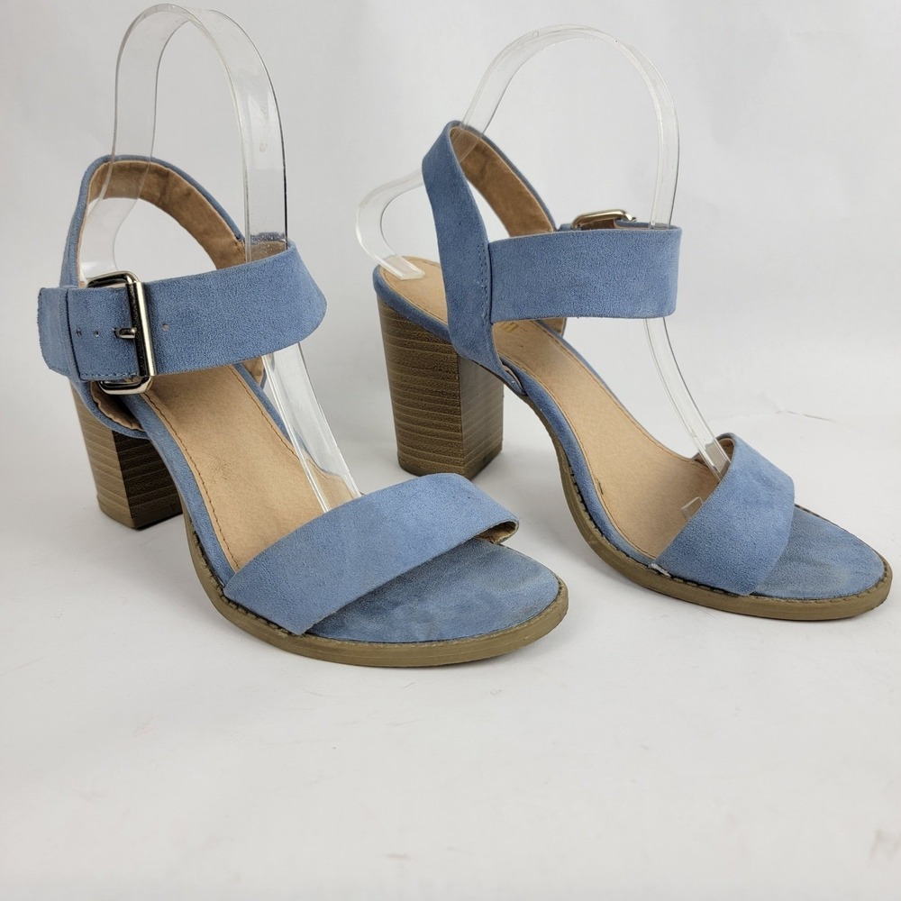 BRASH‎ Womens 8.5 Baby Blue Faux Suede Chunky Heel Sandals Summer Coquette